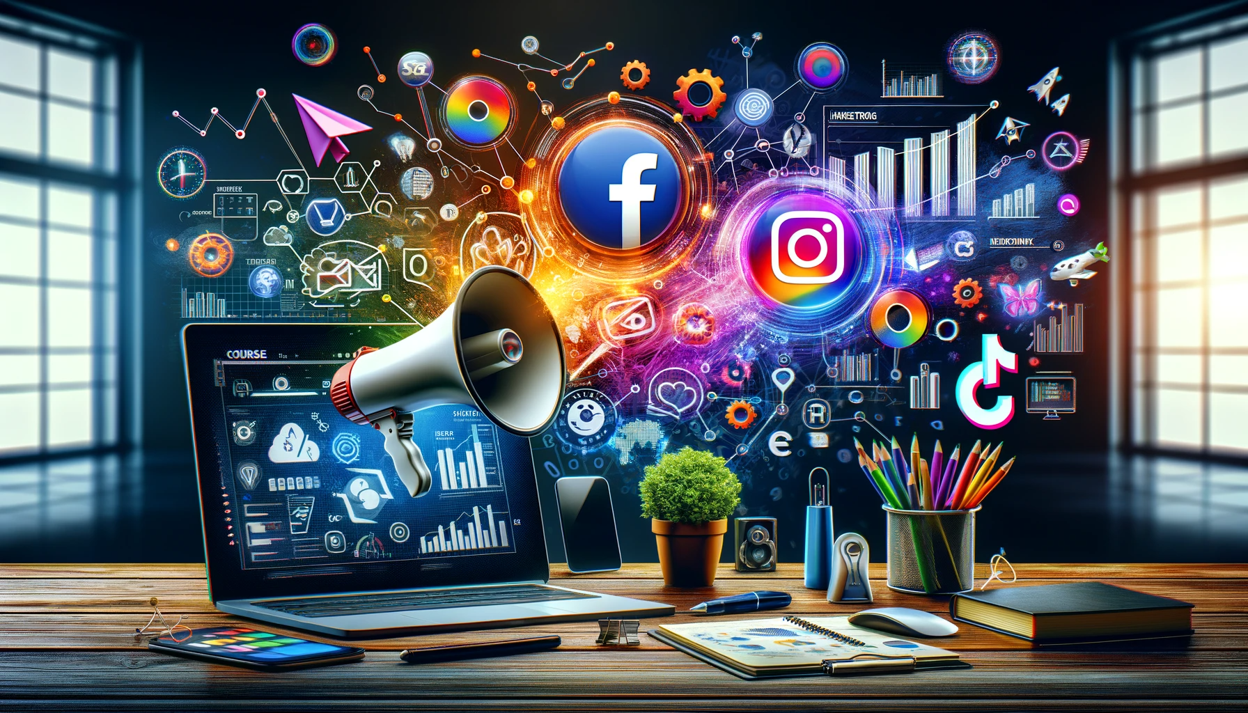 DALL·E 2023-12-10 01.56.02 – A visually appealing and informative image representing a course on Facebook, Instagram, and TikTok marketing. The image should include the logos of F